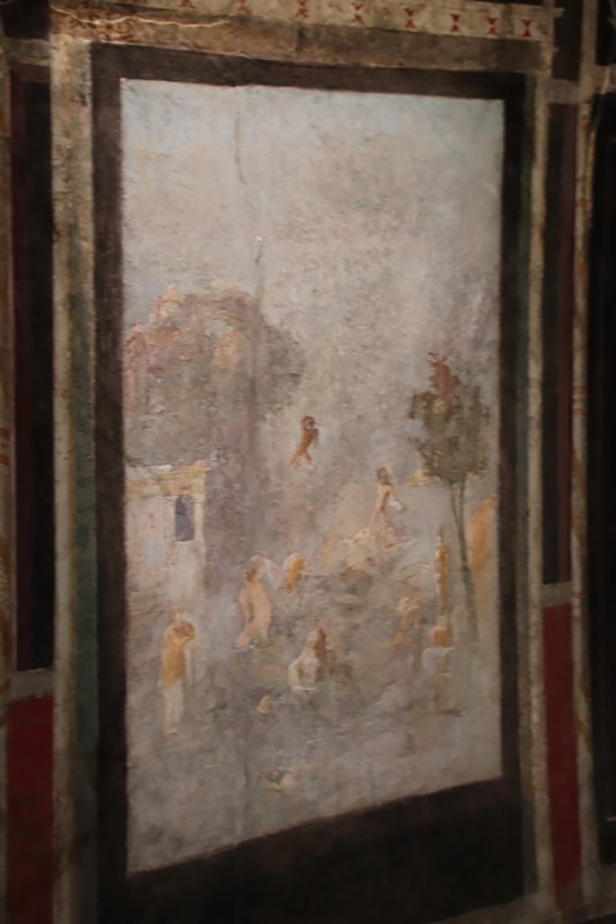 I.9.5 Pompeii. October 2022. 
Room 10, west wall of triclinium with central painting of Acteon and Artemis, or Diana. 
Photo courtesy of Klaus Heese.

