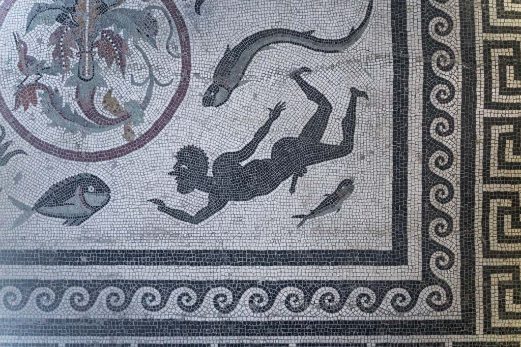 I.10.4 Pompeii. April 2022. Room 48, detail of figure on west side of floor mosaic. Photo courtesy of Johannes Eber.