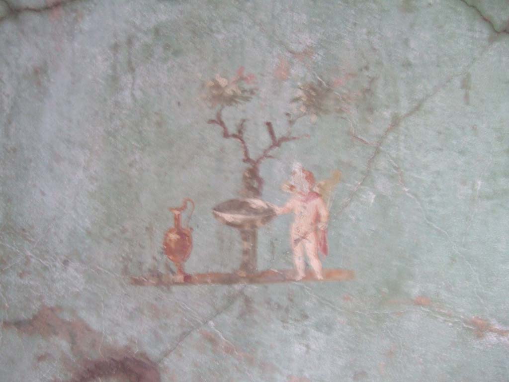 I.10.4 Pompeii. May 2006. Room 48, rectangular recess. Painted cupid with jug, fountain basin and tree.