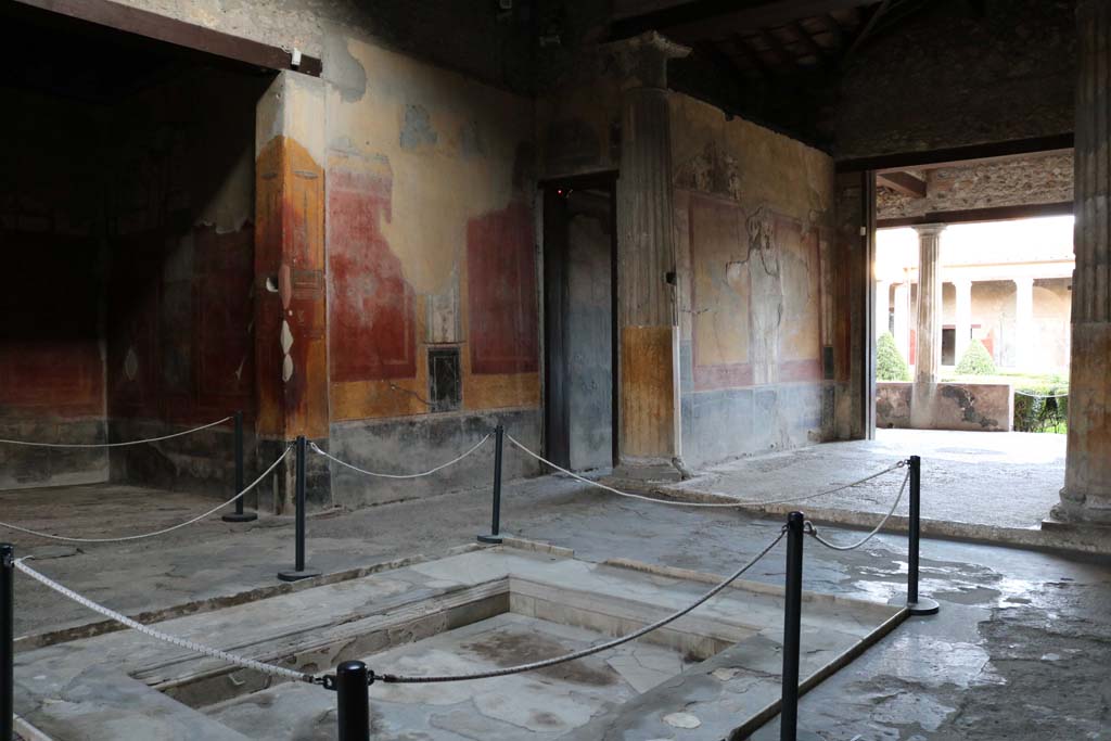 I.10.4 Pompeii. December 2018. 
Atrium, looking towards east wall in south-east corner, near corridor 9 and tablinum 8. Photo courtesy of Aude Durand.
In the atrium are paintings of architectural scenes, theatrical masks, portrait medallions and birds, including ducks and a parrot.
