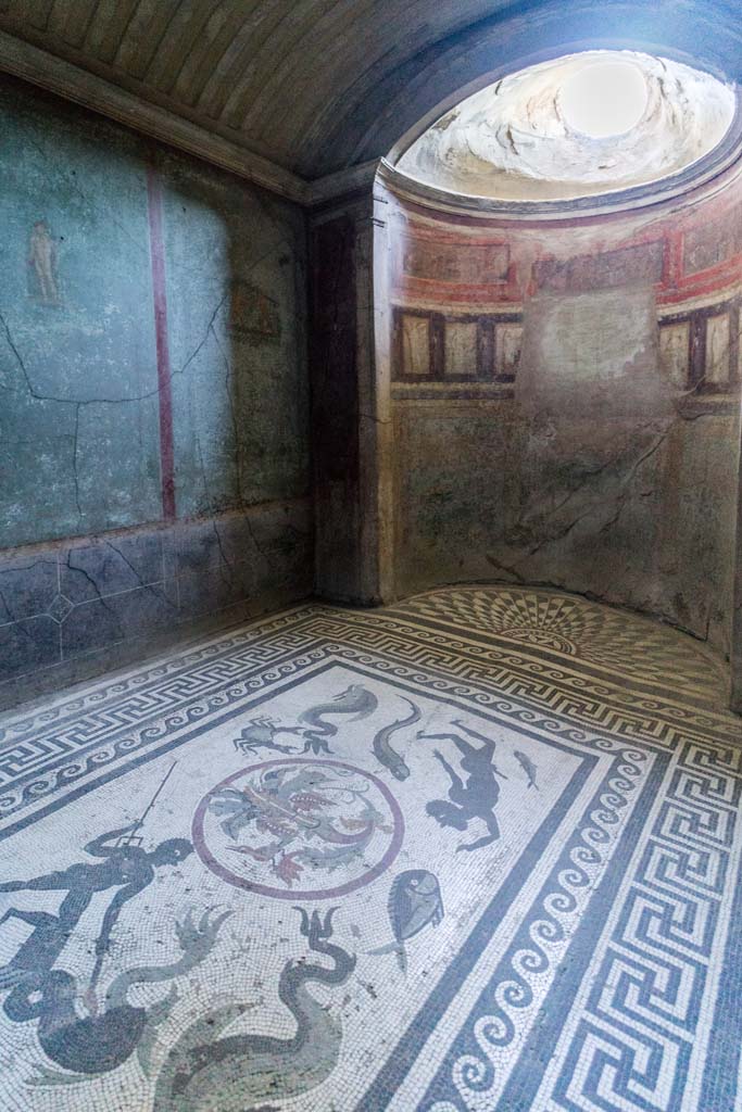 I.10.4 Pompeii. April 2022. 
Room 48, looking across ornate mosaic floor with marine theme, towards south-west corner with semi-circular alcove in caldarium (hot room). 
Numerous athletic figures decorate the walls. The alcove has painted scenes, painted figures and a window decorated with stucco.
Photo courtesy of Johannes Eber.

