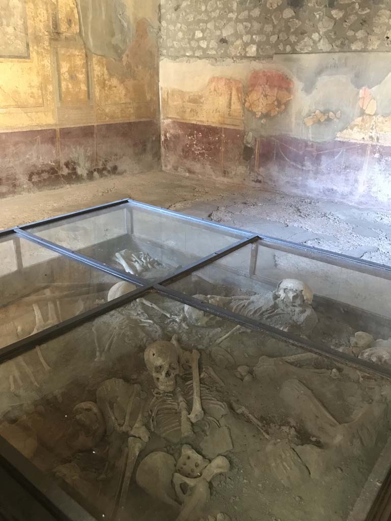 I.10.4 Pompeii. April 2019. 
Room 19, looking towards north-east corner. Photo courtesy of Rick Bauer.
On one wall is a painting of a satyr playing a flute or pipes to a maenad.
In this room is also a wall painting of a cherub scared by a tragic mask held by a nymph.
Three skeletons (which were removed) were found here with a mattock and pickaxe which may have been used to dig the holes in the walls of the room to try to escape.
The display case contains skeletons of 10 others, who were found a few days later in the adjacent corridor P1 at about 2.5 metres above the ground. 
They appeared to have fallen from an upstairs room.
