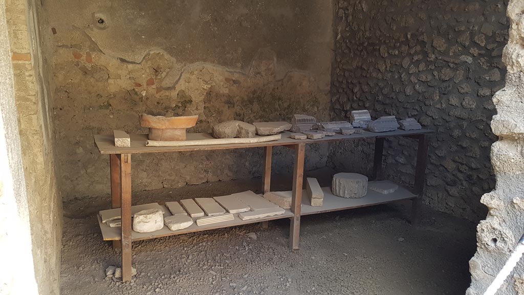 I.10.14 Pompeii. August 2023. “Finds” on display in storeroom near south wall of stable. Photo courtesy of Maribel Velasco.