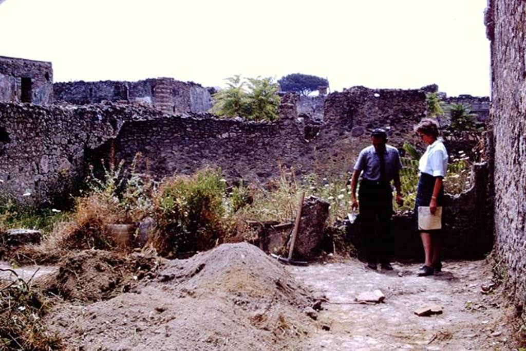 I.11.14 Pompeii. 1966. Looking south across excavations in garden area near south and west walls. The low demolished wall is the boundary wall between two gardens, the other garden being I.11.12.  Photo by Stanley A. Jashemski.
Source: The Wilhelmina and Stanley A. Jashemski archive in the University of Maryland Library, Special Collections (See collection page) and made available under the Creative Commons Attribution-Non Commercial License v.4. See Licence and use details.
J66f0508
