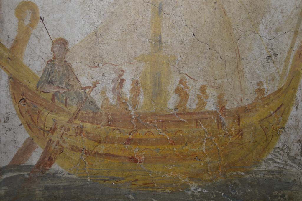 I.13.9 Pompeii. March 2019. 
Detail from wall painting from exterior wall on south side of the entrance, showing Venus on a boat.    
Foto Taylor Lauritsen, ERC Grant 681269 DCOR.
