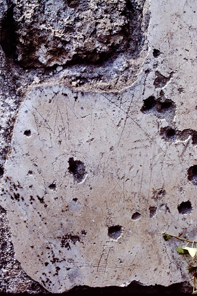 I.15.1 Pompeii. 1972. Detail from west wall of latrine. Photo by Stanley A. Jashemski. 
Source: The Wilhelmina and Stanley A. Jashemski archive in the University of Maryland Library, Special Collections (See collection page) and made available under the Creative Commons Attribution-Non-Commercial License v.4. See Licence and use details.
J72f0236  
