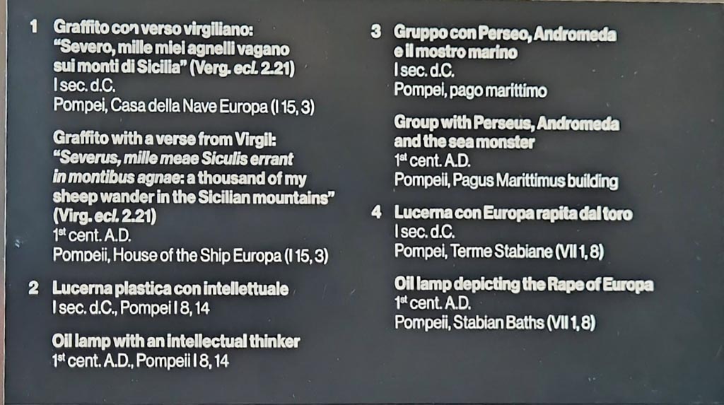 I.15.3 Pompeii. March 2024. Information card for details of No.1. Photo courtesy of Giuseppe Ciaramella.
On display in exhibition in Palaestra entitled – “L’altra Pompei, vite comuni all’ombra del Vesuvio”. 
