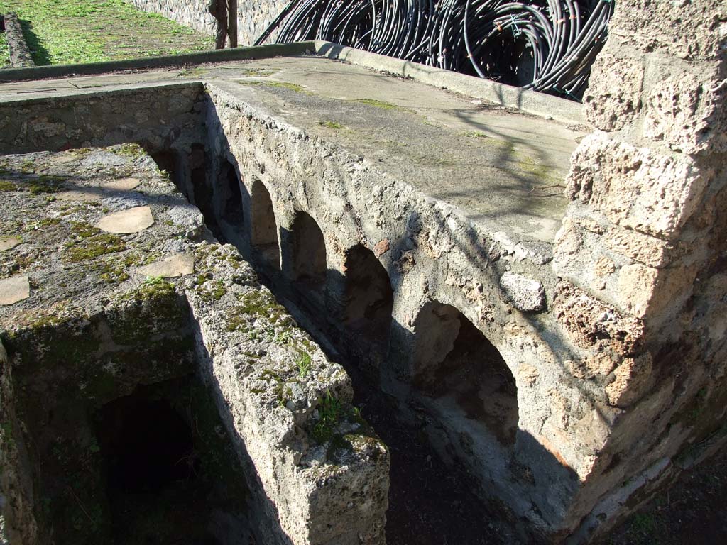 I.20.1 Pompeii. December 2006. North side of triclinium, with niches for storage.