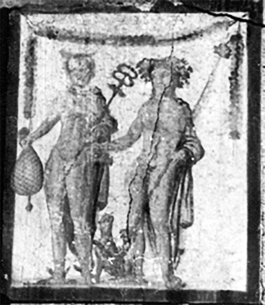 II.1.12 Pompeii. Detail from old undated photograph. 
Painting of Bacchus and Mercury from pilaster on south side of entrance façade.
Kuivalainen describes –
A composition of two standing figures on a white background, both turning a little to their right.
On the left stands a youth holding a purse (Frohlich: a patera with liquid running out) in his right hand with a down-stretched arm and, and a caduceus in his left. On the right side, and further towards the front, stands a youth whose posture is almost the same; he wears a red cloak hanging over his left arm, which also supports a thyrsus; in his right hand he has a cantharus, from which he pours wine; on his head is a leafy wreath. The figures are framed with a garland.
Kuivalainen comments –
A half-naked young Bacchus and Mercury are often represented together, the purse being, in addition to the caduceus, a characteristic attribute of Mercury. The cult of Sabazius may have been of importance to many gladiators from Thrace, and of a private nature, associated with Bacchus in the same way as Egyptian Thot was with Mercury.
See Kuivalainen, I., 2021. The Portrayal of Pompeian Bacchus. Commentationes Humanarum Litterarum 140. Helsinki: Finnish Society of Sciences and Letters, (F20, p.174).

