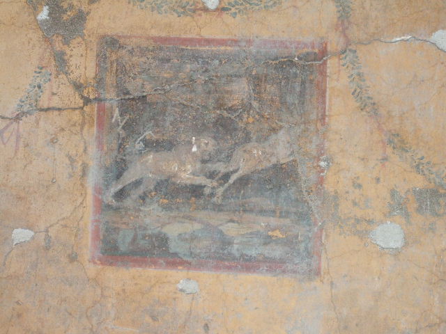 II.2.2 Pompeii. August 2021. Room “h”, detail from painted decoration on east wall. Photo courtesy of Robert Hanson.