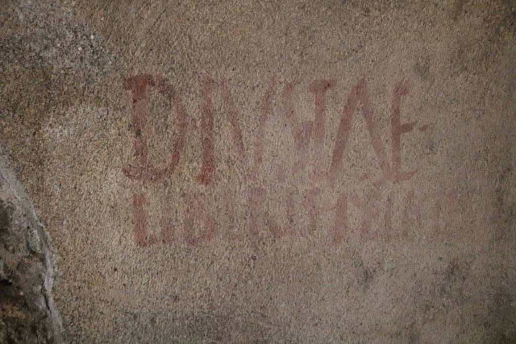II.3.3 Pompeii. December 2018. Peristyle area. Inscription to Decimus, Iusta and their children. Photo courtesy of Aude Durand.
According to Epigraphik-Datenbank Clauss/Slaby (See www.manfredclauss.de) this reads

D(ecimo) Iustae
liberis feliciter      [CIL IV 9889]

Good fortune to Decimus, Iusta and their children

See Clark, A., 2007. Divine Qualities: Cult and Community in Republican Rome. Oxford: OUP, p. 308.
See Cooley, A. and M.G.L., 2004. Pompeii: A Sourcebook. London: Routledge, G26, p. 146.
