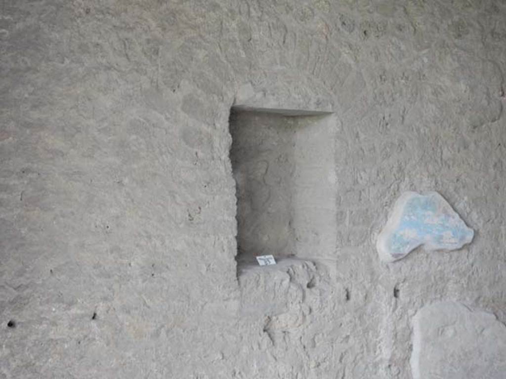 II.4.6 Pompeii. May 2016. South wall, niche and remains of painted decoration. The summer triclinium was decorated with a blue frieze which showed scenes of pygmies amongst the flora and fauna of the Nile. Photo courtesy of Buzz Ferebee.
