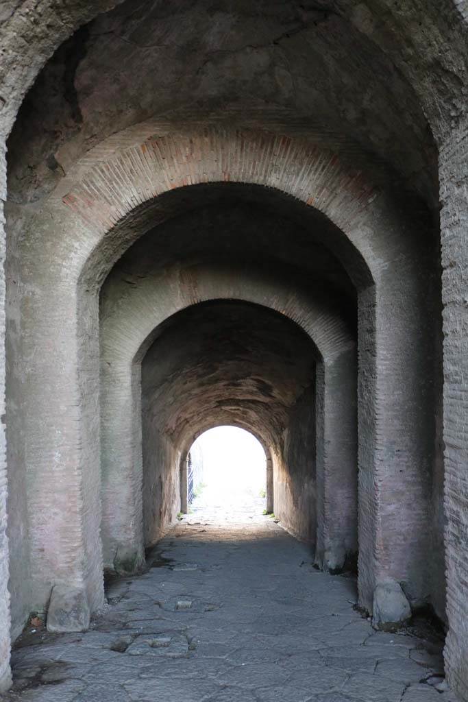 II.6 Pompeii. December 2018. 
Looking south down sloping corridor towards arena. Photo courtesy of Aude Durand.
