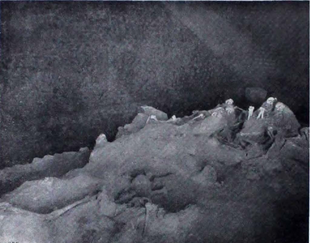 II.7.11 Pompeii. Palaestra. Third group of skeletons, found in the latrine. Terzo gruppo di scheletri, nell'interno della Latrina.
Secondo NdS; Un gruppo più numeroso di 18 vittime si è rinvenuto nel solo ambiente della Palestra che poteva onrire ai fuggiaschi qualche ricovero durante la tremenda pioggia dei lapilli e delle ceneri, e cioè nella grande latrina del portico meridionale, protetta da una tettoia e con un solo vano d’ingresso sul portico di cui si potevano sbarrare i battenti (fig. 33). Le 18 persone (adulti, giovani e adolescenti) che qui si rifugiarono e si asserragliarono, dovettero essere sorprese dallo scoppio dell’eruzione nelle immediate vicinanze e forse nella stessa area della palestra: ma i pochissimi oggetti che si rinvennero (un punteruolo in osso, due unguentari di vetro, un anellino d'oro, una lucerna di terracotta, una sola moneta di bronzo), nulla ci dicono della natura e condizione di queste vittime; forse appartenevano alle maestranze adibite ai lavori della palestra (i), o forse erano gruppi rii persone qui confluite dalle più vicine in stilai’, senza aver avuto il tempo di raccogliere gli oggetti più preziosi e più cari. Delle 18 vittime, due staccate dalle altre, erano nella metà orientale dell’ambiente, e presso una di esse si riconobbe nella cenere l’impronta di un paniere di vimini e, presso l’altra, l'impronta di un pezzo di tavola forse a protezione del capo durante la fuga); le rimanenti 16 vittime apparvero strette, addossate e in parte ammucchiate una sull'altra, nell’altra metà dell’ambiente. Chiusi e asserragliati all’interno della latrina (altri fuggiaschi isolati giunti in ritardo, quando la porta era già barricata, erano rimasti sotto la copertura del portico), la sorte dei disgraziati non era stata meno tragica: il tetto della latrina, con il suo piovente verso il pomerio, aveva resistito alla pioggia delle pomici, ma il banco dei lapilli aveva chiuso ogni via d'uscita dalla porta e dalle finestre, c con la caduta delle ceneri che penetravano, portate dai turbini ili vento, per ogni dove, rialzando lentamente il pavimento della latrina, era sopraggiunta, anche per essi, la morte per asfissia.

(1) Il solo oggetto che può riferirsi a un utensile di lavoro, è un vaso oliare di terracotta grezza, rinvenuto tra gli scheletri, con tracce di calce; ma esso poteva già trovarsi depositato nell’interno della latrina. 

According to NdS; A group of more than 18 victims was found in the only room of the Palestra that could offer the fugitives some shelter during the terrible rain of lapilli and ashes, namely the large latrine on the southern portico, protected by a roof and with only one entrance on the portico whose doors could be barred (fig. 33). The 18 people (adults, youths and adolescents) who took refuge and barricaded themselves in here must have been surprised by the force of the eruption in the immediate vicinity and perhaps in the same area as the gymnasium: but the very few objects that were found (a bone awl, two glass unguentaria, a gold ring, a terracotta oil lamp, a single bronze coin) tell us nothing about the nature and condition of these victims; perhaps they belonged to the workers employed in the work in the gymnasium (i), or perhaps they were groups of people who came here from the nearest stylistic area, without having had time to collect their most precious and dearest objects. Of the 18 victims, two were detached from the others in the eastern half of the room, and at one of them the imprint of a wicker basket was recognised in the ashes, and at the other, the imprint of a piece of board, perhaps to protect the head during the escape); the remaining 16 victims appeared cramped, huddled together and partly piled on top of each other, in the other half of the room. Locked and barricaded inside the latrine (other isolated fugitives who had arrived late, when the door was already barricaded, had remained under the roof of the portico), the fate of the unfortunates was no less tragic: The roof of the latrine, with its rain towards the pomerium, had resisted the rain of pumice, but the bank of lapilli had closed every way out of the door and windows, and with the fall of the ashes that penetrated, carried by the whirlwind wind, everywhere, slowly raising the floor of the latrine, death by asphyxiation had arrived for them too.

(1) The only object that can be refered to as a working tool is a rough terracotta oil vase, found among the skeletons, with traces of lime; but it could have already been deposited inside the latrine.

See Notizie degli Scavi di Antichità, 1939, p. 223, fig. 33.
