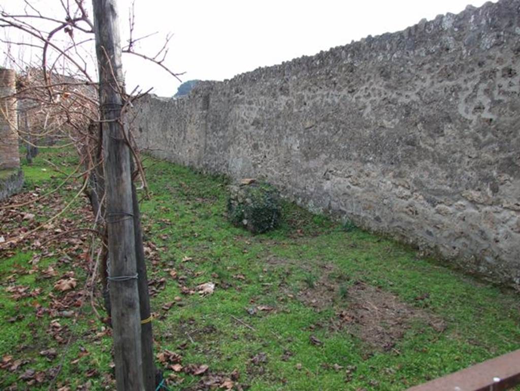 II.9.7 Pompeii. December 2007. West wall of garden area, with masonry altar near west wall opposite the triclinium.
