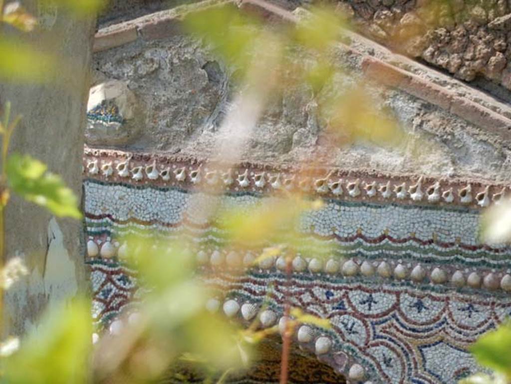 II.9.7, Pompeii, May 2018. Detail of mosaic on south face of north fountain. Photo courtesy of Buzz Ferebee.