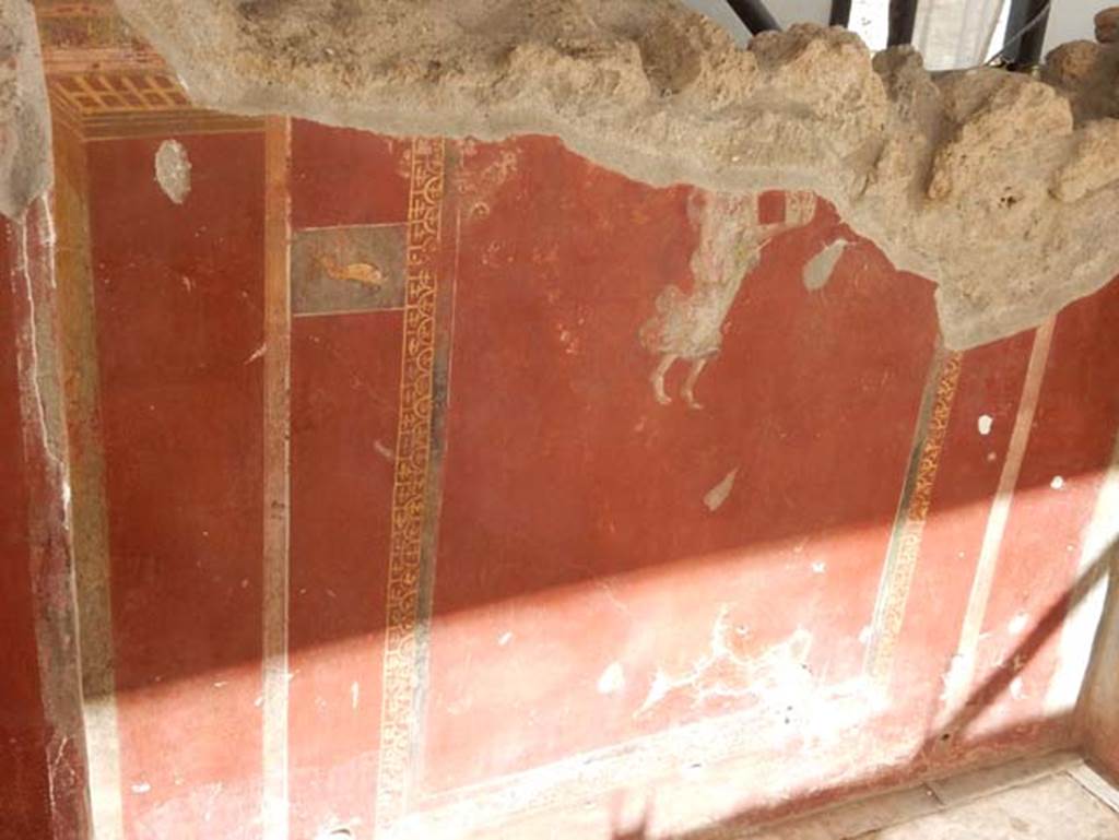 III.3.6 Pompeii. May 2018. East wall with painted panel. Photo courtesy of Buzz Ferebee.