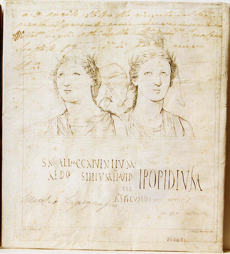 III.8.8 Pompeii. Also referred to on some plans as III.9.A. Drawing c.1841 by G. Abbate of painting of two figures found on the north side of the III.8/9.
According to the ICCD Scheda this is the "teste di Diana cacciatrice e di Iside Fortuna e iscrizione" (heads of Diana the Huntress and Isis-Fortuna, and inscriptions).
Now in Naples Archaeological Museum. Inventory number 351945.
Photo © ICCD. http://www.catalogo.beniculturali.it
Utilizzabili alle condizioni della licenza Attribuzione - Non commerciale - Condividi allo stesso modo 2.5 Italia (CC BY-NC-SA 2.5 IT)

A similar drawing by Abbate [1841] is in the Fondo Pietro Bianchi, Archivio Cantonale di Bellinzona, Svizzera, inventory number B12.1.219.
According to Varone and Stefani this shows the busts of Africa and Sicilia and the inscriptions CIL IV 422-4.
See Varone, A. and Stefani, G., 2009. Titulorum Pictorum Pompeianorum, Rome: L’erma di Bretschneider, p. 294 

Avellino identifies the find as Alessandria e Sicilia.
"And consequently we should not be surprised that the effigies of Alexandria and Sicily were chosen to adorn the wall of one of the busiest and most spacious streets of Pompeii".
See Bullettino Archeologico Napoletano I, 1842 p. 4-5.
 
The Epigraphic Database Roma records the inscriptions as

Sạmellium
aed(ilem) o(ro) v(os) f(aciatis)    [CIL IV 422]

C(aium) Calventium
Sittium I̅I̅ v(irum) i(ure) d(icundo)
ego
Astylus sum   [CIL IV 423]

L(ucium) Popidium
Secundum aed(ilem) ô(ro) v̂(os) f(aciatis)   [CIL IV 424]