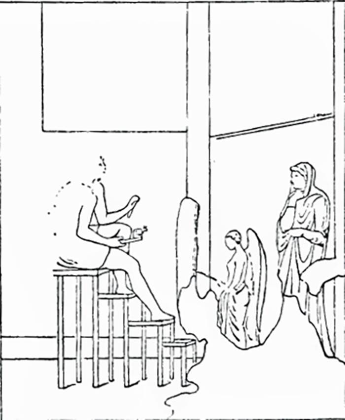 V.2.10 Pompeii. Room 5, triclinium, east (rear) wall. 
1890 drawing of painting of Pasiphae in the workshop of Daedalus.
See Mitteilungen des Kaiserlich Deutschen Archaeologischen Instituts, Roemische Abtheilung Volume XXVI, 1890, p. 261.
