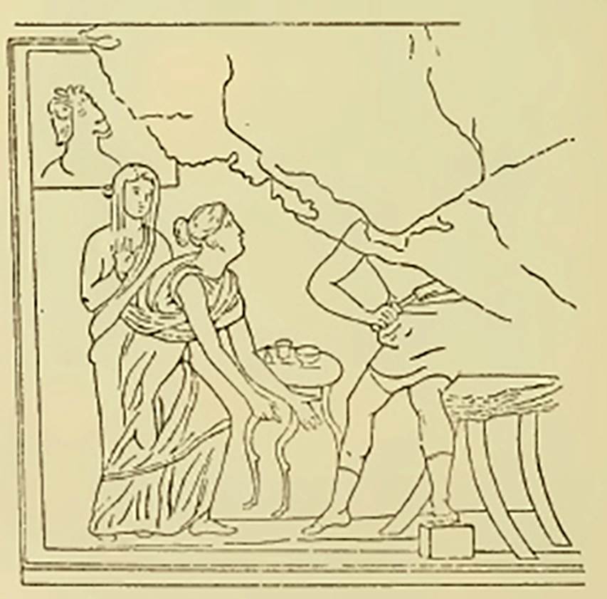 V.2.14 Pompeii. Drawing of 1890. East wall of rear room. Drawing of the wall painting of Ulysses and Circe. 
Now in Naples Archaeological Museum. Inventory number 119689.
Ulysses is leaping from his seat and preparing to draw his sword against Circe who with out-stretched hands implores his mercy. 
One of his companions, in his changed form, looks in through an upper window.
See Richardson, L., 2000. A Catalog of Identifiable Figure Painters of Ancient Pompeii, Herculaneum. Baltimore: John Hopkins (p.141)
See Schefold, K., 1962. Vergessenes Pompeji. Bern: Francke. (Taf. 171, 1)
