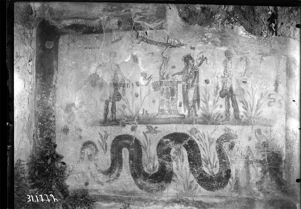 V.2.c Pompeii. 1931. Room “b”. Lararium painting.
DAIR 31.1772. Photo © Deutsches Archäologisches Institut, Abteilung Rom, Arkiv. 
According to Boyce, this was a finely preserved lararium painting including a broad red stripe on all sides.
In the upper part, the Genius, wreathed and holding cornucopia in his left, poured a libation from a patera held in his right.
The cylindrical altar, painted in red and yellow imitation marble, had a blazing fire on its top. 
On the opposite side of the altar, a tibicen in long white robe played the double flutes.
On each side, stood a Lar wearing tunic and pallium and holding a rhyton and situla.
The tunic of each Lar had a broad red stripe down the front and was yellow and blue.
The pallium was red. Three garlands were painted across the top, and two others hung down at the side.
Above the garland were three divinities – the Sun, Mercury and another, possibly the Moon, but even then disappeared.
Underneath, a yellow and brown serpent with red crest creeps towards an altar with fire and an egg on top.
On the right side of this altar is the figure of Sarnus, lying in the middle of aquatic plants. 
He is very small compared to the serpent.
On the left side of the serpent, corresponding to Sarnus on the right, was another figure but also had disappeared by then.
The background of both zones was filled with plants with red flowers. Above the serpent, was a single flying bird.
See Boyce G. K., 1937. Corpus of the Lararia of Pompeii. Rome: MAAR 14. (p.36, no.99, Pl. 17,1) 
