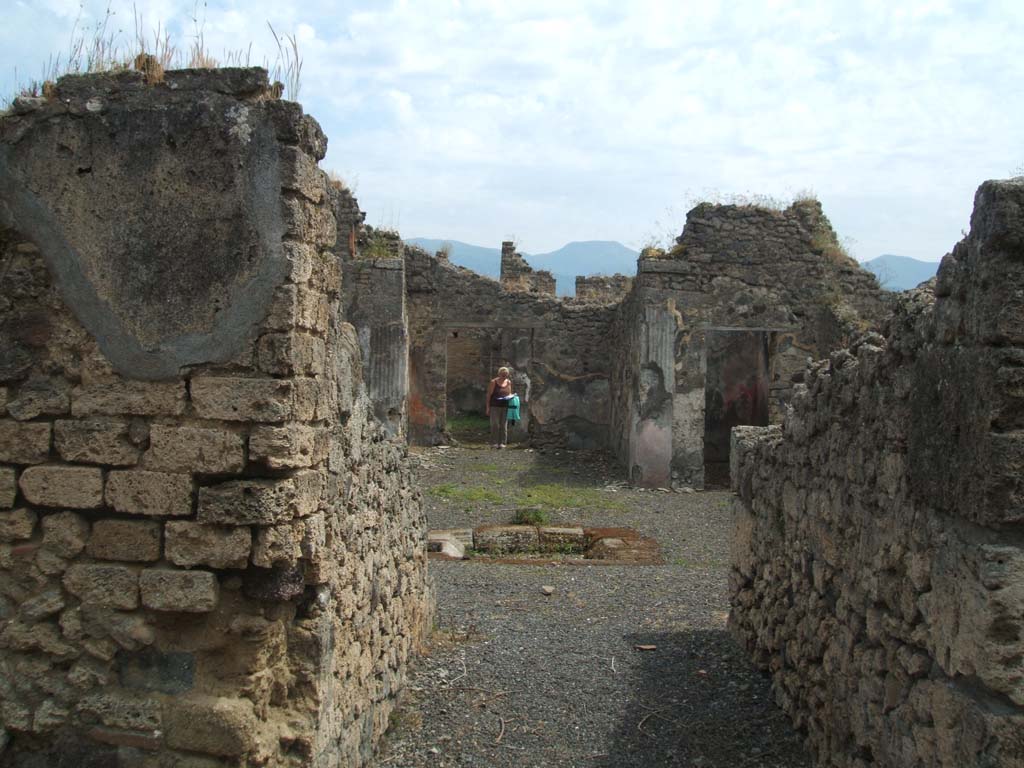 V.2.g Pompeii. May 2005.
Looking south through entrance fauces ‘a’ across room ‘b’ the atrium, towards doorways to room ‘m’ tablinum, and room ‘h’, a cubiculum.
According to NdS, the Tuscan atrium had a tufa impluvium, on the east side of which was the cistern-mouth.
The walls of the atrium did not show anything other than a black dado.
See Notizie degli Scavi di Antichità, 1896, (p.419)
See Mau in BdI, VIII, 1893, (p.9-14)

