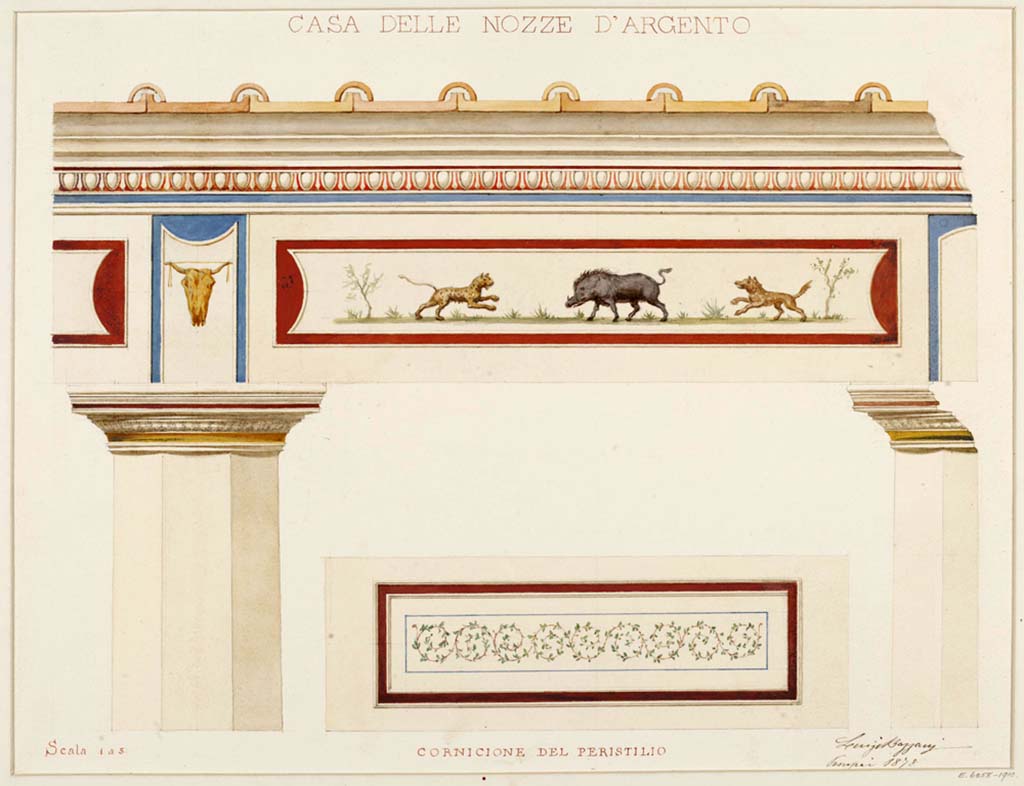 V.2.i Pompeii. 1898. Room 23, peristyle. 
Watercolour by Luigi Bazzani, showing portions of the cornice and frieze and two columns of the peristyle.
Photo © Victoria and Albert Museum, inventory number E.6258-1910.
