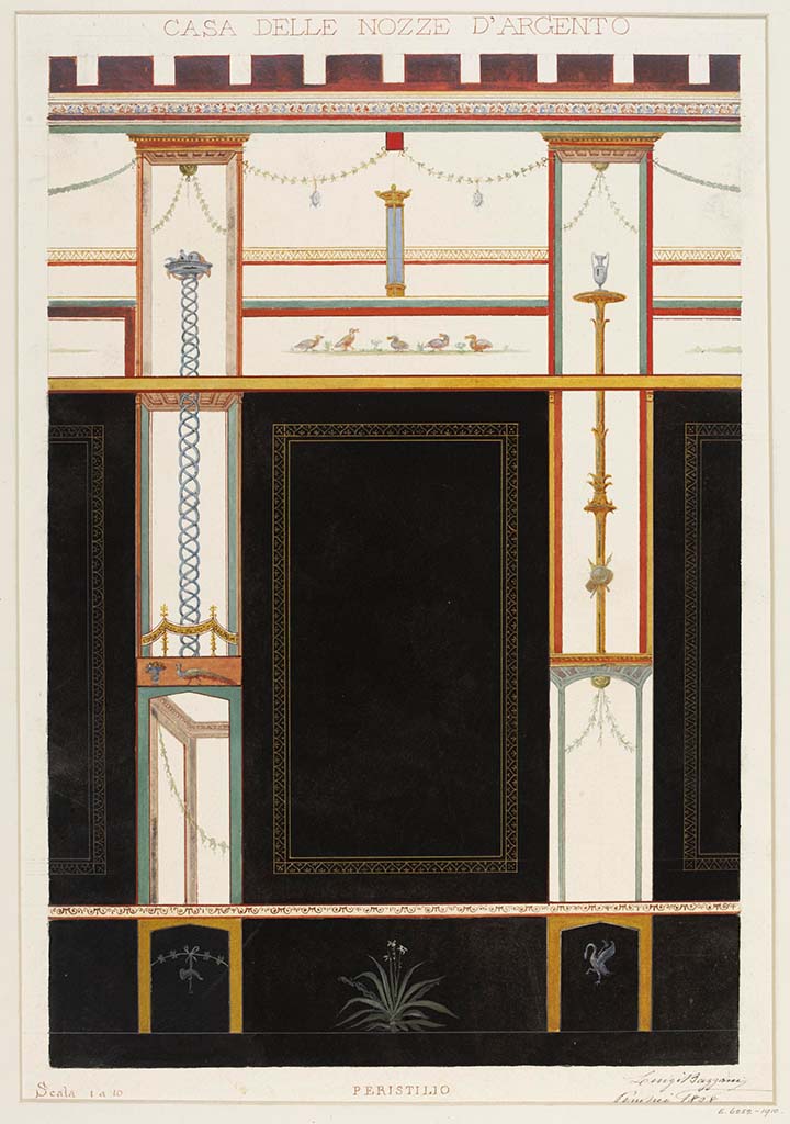 V.2.i Pompeii. 1898. Room 23, peristyle, watercolour by Luigi Bazzani of black painted panels from walls of peristyle.
Photo © Victoria and Albert Museum, inventory number E.6252-1910.
