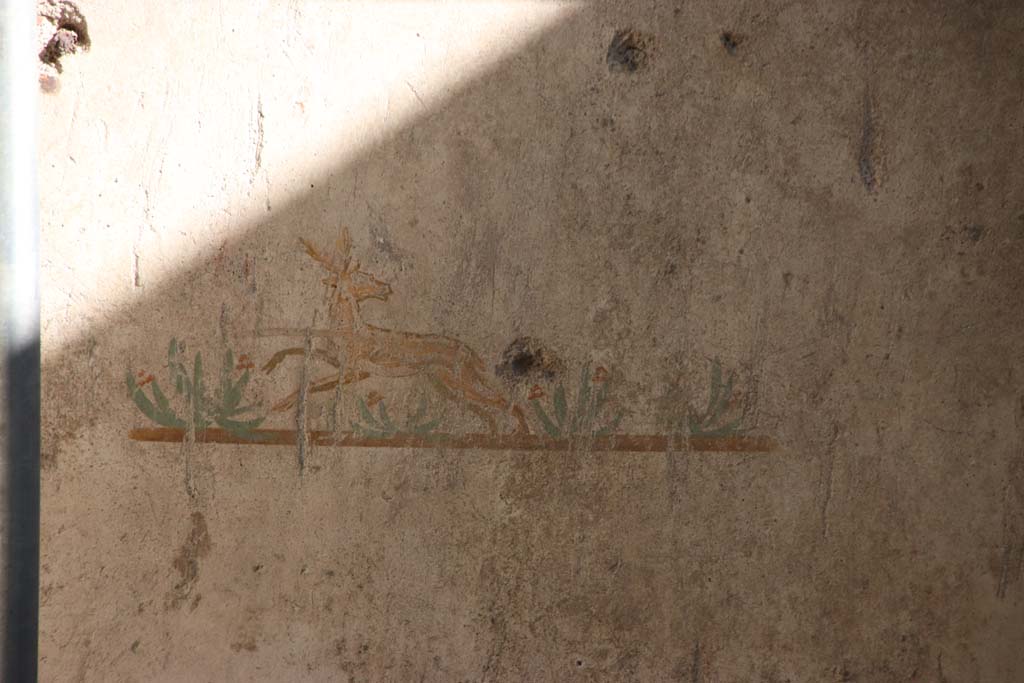 V.2.Pompeii. Casa di Orione. September 2021. 
Painted decoration of deer, from east side of south wall in room A3. Photo courtesy of Klaus Heese.
