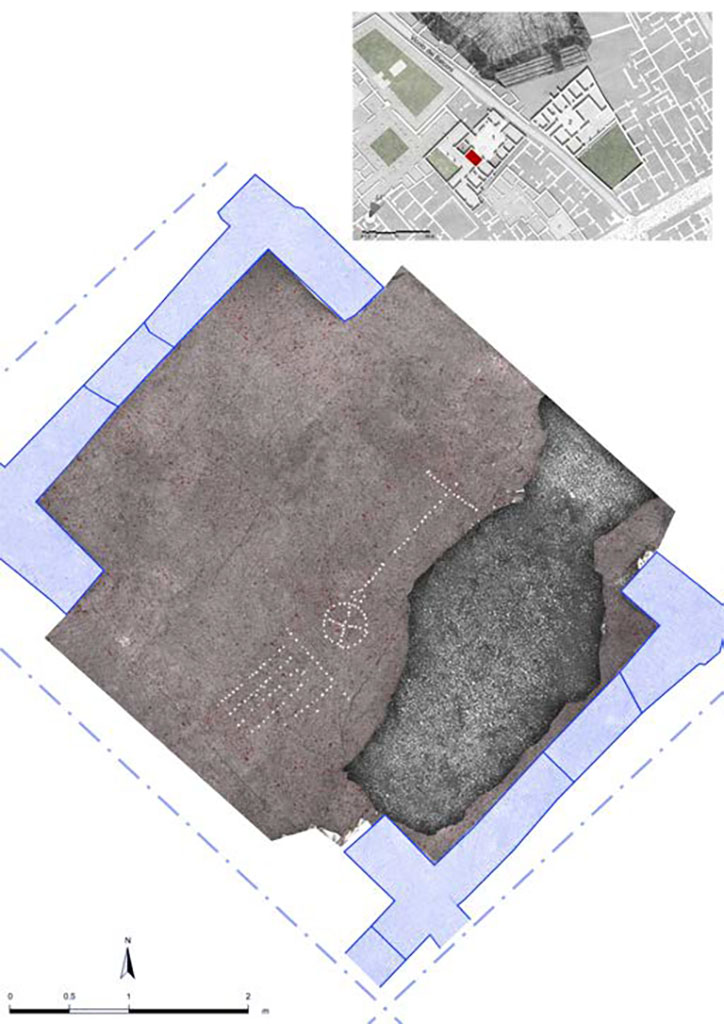V.2.Pompeii. Casa di Orione. October 2019. Gromatic representation in the tablinum A7.
See Osanna M., Magli G., Ferro L. October 2019. Gromatics illustrations from newly discovered pavements in Pompeii. Cornell University, fig. 4. https://arxiv.org/abs/1910.13145v1

