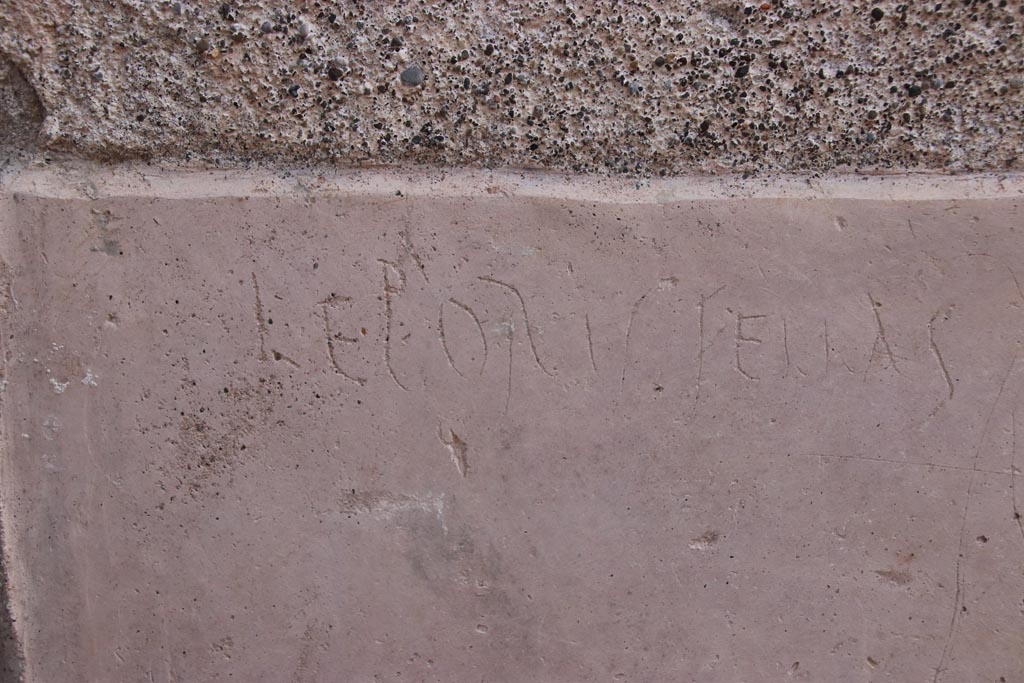 V.3 Pompeii. Casa del Giardino. October 2022. 
Graffiti on south (right) wall of entrance doorway/corridor/fauces -“Leporis fellas”  Photo courtesy of Klaus Heese
