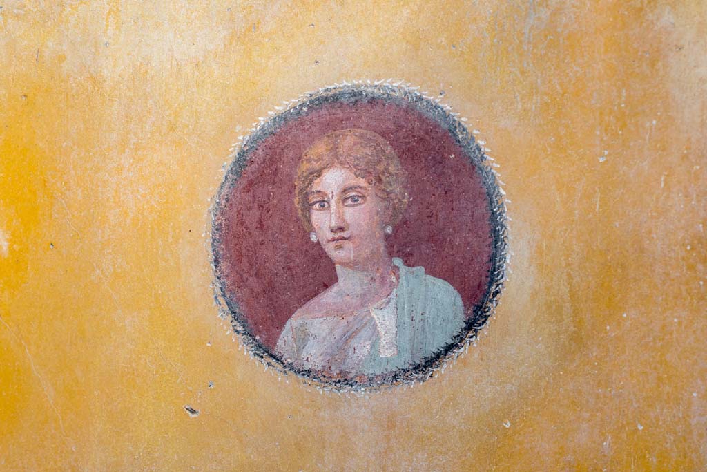 V.3 Pompeii. Casa del Giardino. October 2021. 
Room 3, medallion portrait from east end of north wall. Photo courtesy of Johannes Eber.
