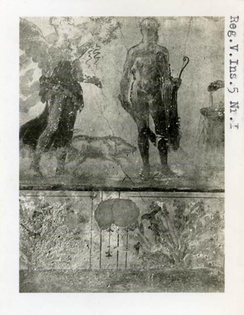 V.4.3 Pompeii. 1899. Lararium painting from west wall of atrium.
See Notizie degli Scavi di Antichità, 1899 (p. 342 fig. 2).
Remains of lararium painting that showed Hercules with club and lion skin in the centre. 
Also recognisable were Mercury and next to Mercury was a crowing cock.
In front were an omphalos with a snake, Victoria with spread wings and a pig, and Minerva sacrificing at an altar, with her shield and owl.
At the sides of the niche were paintings of the gods. 
See Garcia y Garcia, L., 2006. Danni di guerra a Pompei. Rome: L’Erma di Bretschneider, p 62 and Fig.97. 
See Warscher, T., 1925. Pompeji: Ein Führer durch die Ruinen. Berlin und Leipzig: de Gruyter, p 127. 
See Boyce G. K., 1937. Corpus of the Lararia of Pompeii. Rome: MAAR 14.  (p.39, no.118, pl. 25,1).

