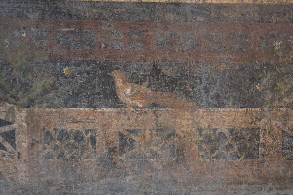 V.4.a Pompeii. March 2019. Room ‘h’, detail of painted bird from zoccolo at west end of south wall.
Foto Annette Haug, ERC Grant 681269 DÉCOR.
