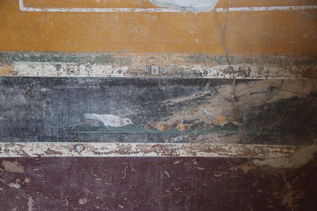 V.4.a Pompeii. October 2023. 
Room ‘g’, painting of birds in predella, above lower north wall in north-east corner. Photo courtesy of Klaus Heese.

