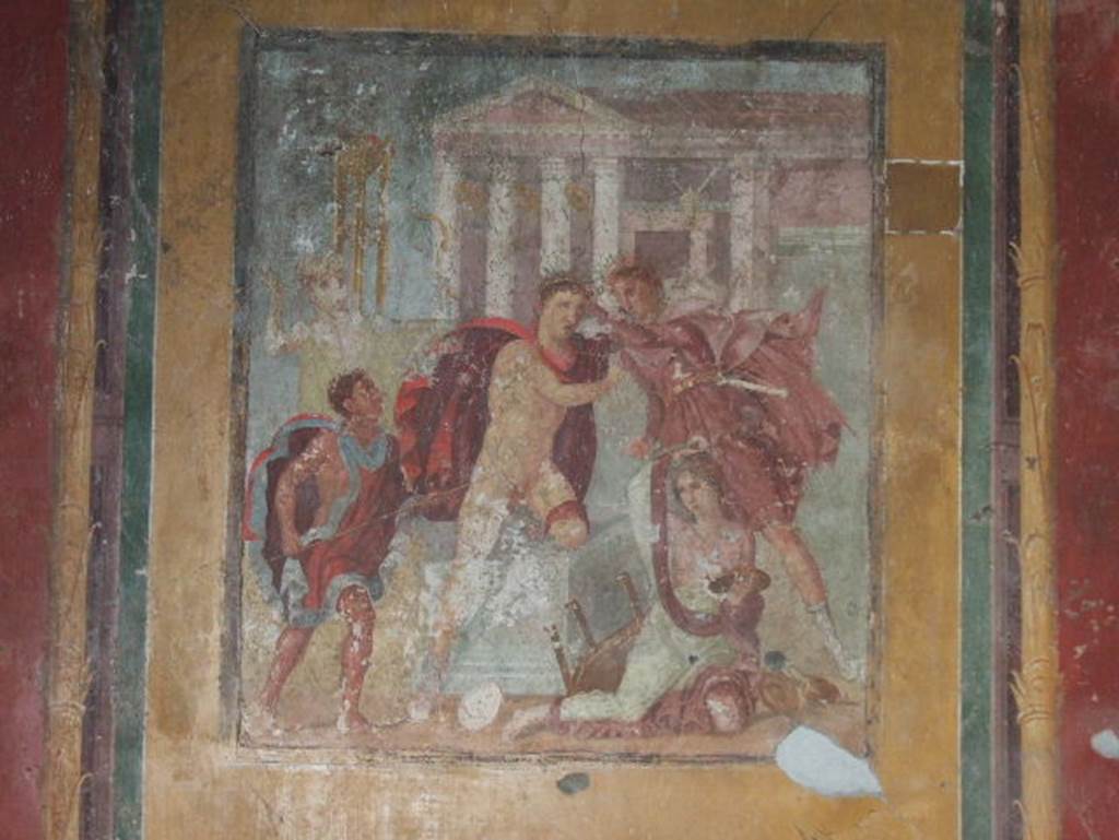 V.4.a Pompeii.  December 2005. Winter triclinium, east wall.  Wall painting of Orestes killing Neoptolemus at the altar before the Temple of Apollo at Delphi.

