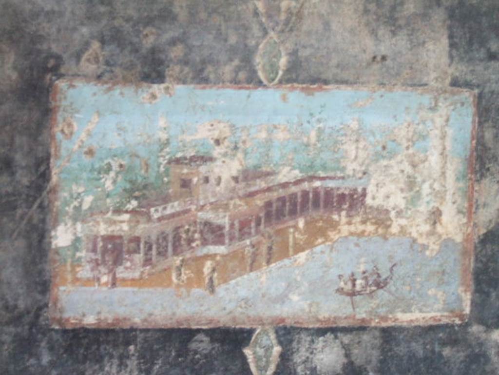 V.4.a Pompeii. December 2005.  North wall of Tablinum. Wall painting of villa and waterfront scene.
