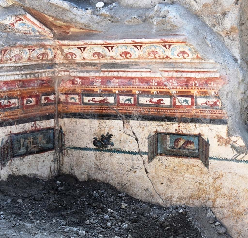 V.6.12 Pompeii. November 2018. Amb. 9. Cubiculum. Upper wall during excavation. 
The upper border is decorated with small red and orange panels with sea creatures
Underneath are two birds, a goat and a small painted still life, bordered by doors.

Cubiculum. Parete superiore durante gli scavi.
Il bordo superiore è decorato con piccoli pannelli rossi e arancioni con creature marine
Sotto ci sono due uccelli, una capra e un piccolo dipinto natura morta, delimitata da porte.

Photograph © Parco Archeologico di Pompei.
