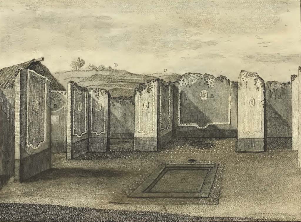 VI.1.7 Pompeii. Looking north across impluvium in atrium.
On the left (west side) would be the entrance corridor (VI.1.7).
Next to it the doorway connecting with VI.1.6.
Next to that (on the north side) would be the doorway to our room 1.
The large (open) room would be our room 2.

Hamilton described this as a 
A - Court with several rooms opening onto it, one of which is thirty feet long by fifteen, the largest room as yet discovered at Pompeii.
B.B.B.  the rooms; the paintings of which were very elegant; but the best parts have been cut out and transported to the Museum at Portici.
C.  where the rainwater was collected and ran into a reservoir underneath.
D.D.  Vineyards over the uncleared parts of the city.
See Hamilton, Sir William, 1777. Account of the discoveries at Pompeii, (plate X).
