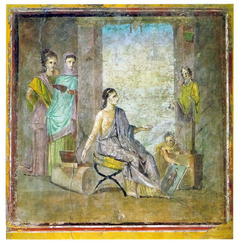 VI.1.10 Pompeii. December 2019. Found 22nd June 1771 on east wall of room 9, room to south of garden.  
Wall painting of a young woman painting a herm of Dionysus.
Now in Naples Archaeological Museum. Inventory number 9018.  Photo courtesy of Giuseppe Ciaramella.
