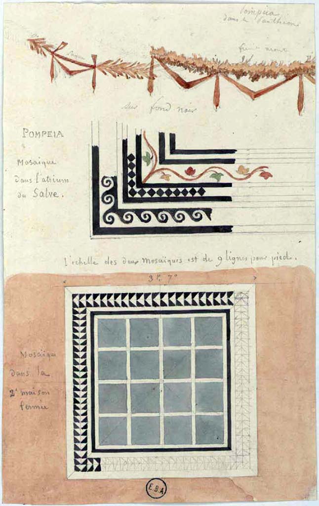 VI.1.25 Pompeii. The central sketch is a watercolour drawing of a part of a mosaic in the atrium of the House of Salve.
The upper sketch appears to be a garland from the Pantheon (VII.9.7) which it said had a black background. 
The lower sketch says it is a mosaic in the 2nd house Pompei, which is from VI.2.22, either the tablinum or a triclinium. 
See Lesueur, Jean-Baptiste Ciceron. Voyage en Italie de Jean-Baptiste Ciceron Lesueur (1794-1883), pl. 46.
See Book on INHA reference INHA NUM PC 15469 (04)   Licence Ouverte / Open Licence  Etalab

