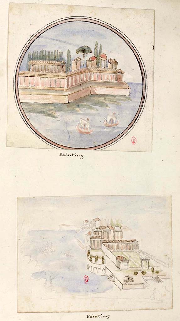 VI.2.14 Pompeii. c.1819-1832. 
Drawings by Gell, the lower one would appear to be a panel from the upper east wall of the garden area.
The upper medallion has not been traced, at the present time.
See Gell, W. Pompeii unpublished [Dessins de l'édition de 1832 donnant le résultat des fouilles post 1819 (?)] vol II, pl. 87.
Bibliothèque de l'Institut National d'Histoire de l'Art, collections Jacques Doucet, Identifiant numérique Num MS180 (2).
See book in INHA Use Etalab Licence Ouverte
