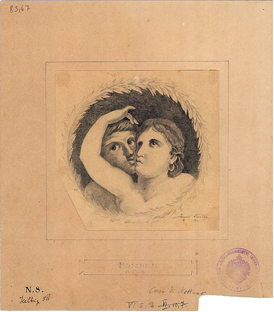 VI.5.3 Pompeii. Tablinum. 1875 drawing by Ernst Eichler of medallion of satyr kissing a maenad.
DAIR 83.67. Photo © Deutsches Archäologisches Institut, Abteilung Rom, Arkiv. 
See http://arachne.uni-koeln.de/books/archive/A-VII-32/064
