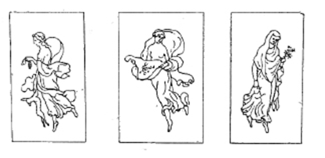 VI.5.13 Pompeii. Drawing of paintings of summer, autumn and winter from the atrium. See Reinach S., 1922. Répertoire de peintures grecques et romaines. Paris Leroux. (p. 136, 11-13). See Helbig, W., 1868. Wandgemälde der vom Vesuv verschütteten Städte Campaniens. Leipzig: Breitkopf und Härtel. (979, 994, 1001).
