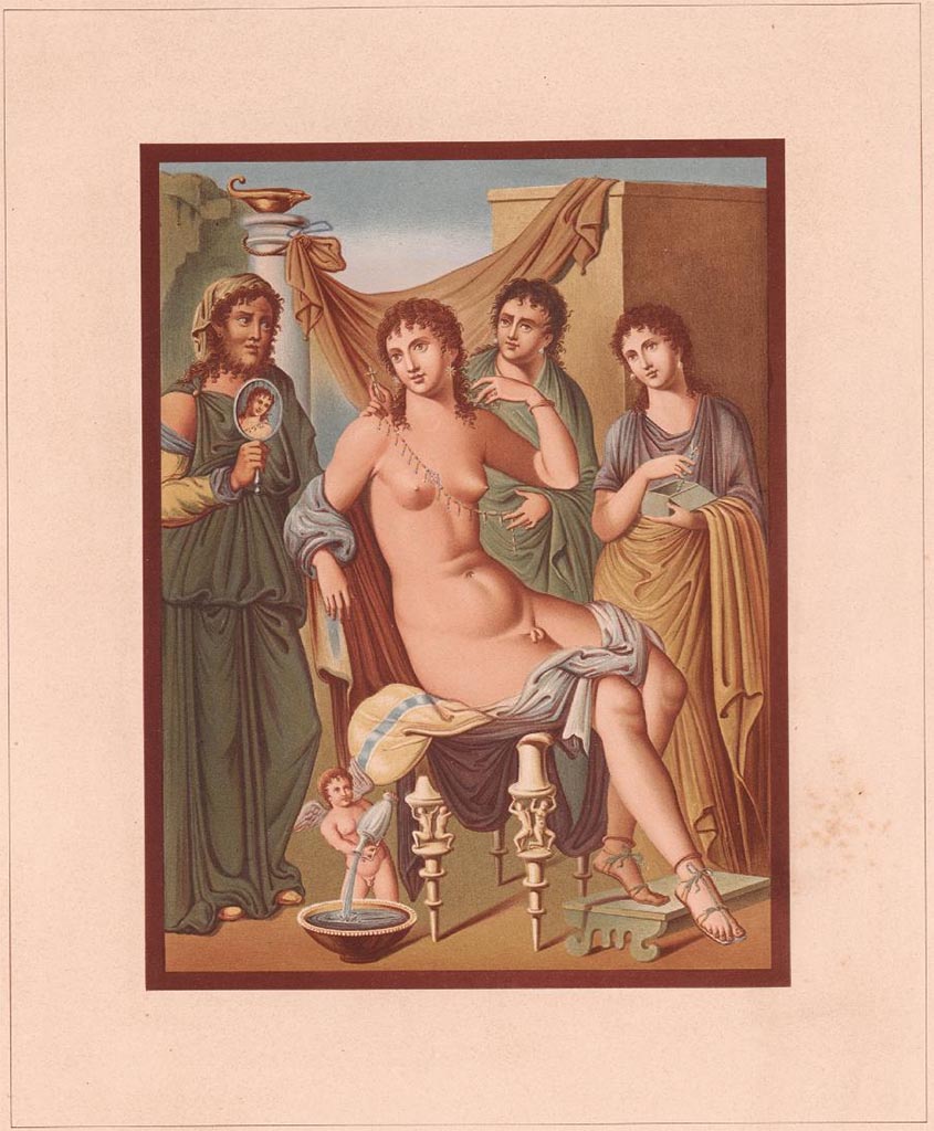 VI.7.18 Pompeii. Pre-1846. Reproduction painting of central wall painting from east wall of oecus.
See Raoul-Rochette, M. Choix de Peintures de Pompei 1846. (pl. 10 and p.135-152).
