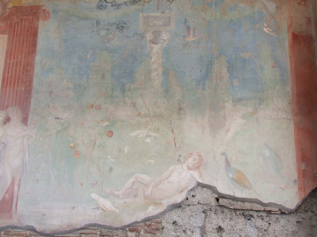 VI.7.18 Pompeii. December 2006. Peristyle. Sleeping Eros, on east side panel of large wall painting of Adonis ferito and Aphrodite.