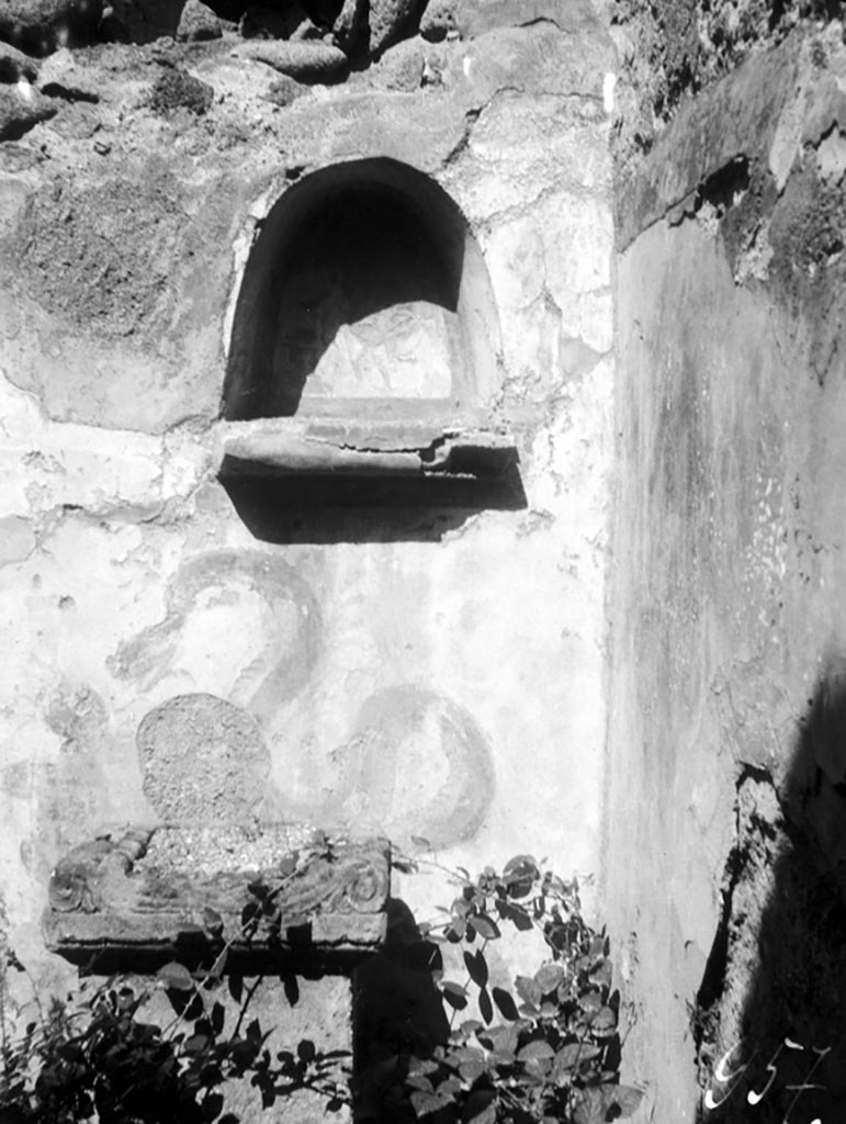 VI.7.23 Pompeii. c.1930? Kitchen, north wall with niche and painting of serpent.
See Boyce G. K., 1937. Corpus of the Lararia of Pompeii. Rome: MAAR 14. (p. 48, no. 167, and Pl. 11,1) 
