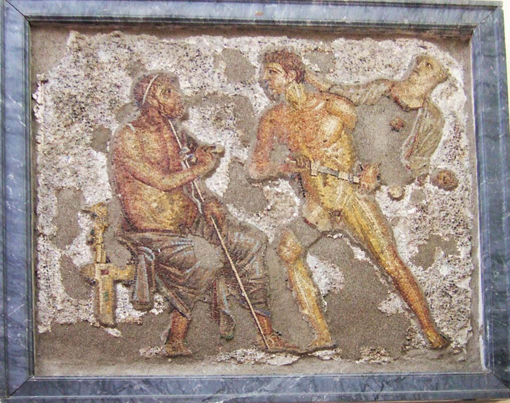 VI.7.23 Pompeii. October 2014. Mosaic of the Three Graces from the garden wall.
Now in Naples Archaeological Museum. Inventory number 10004.
Photo courtesy of Michael Binns.

