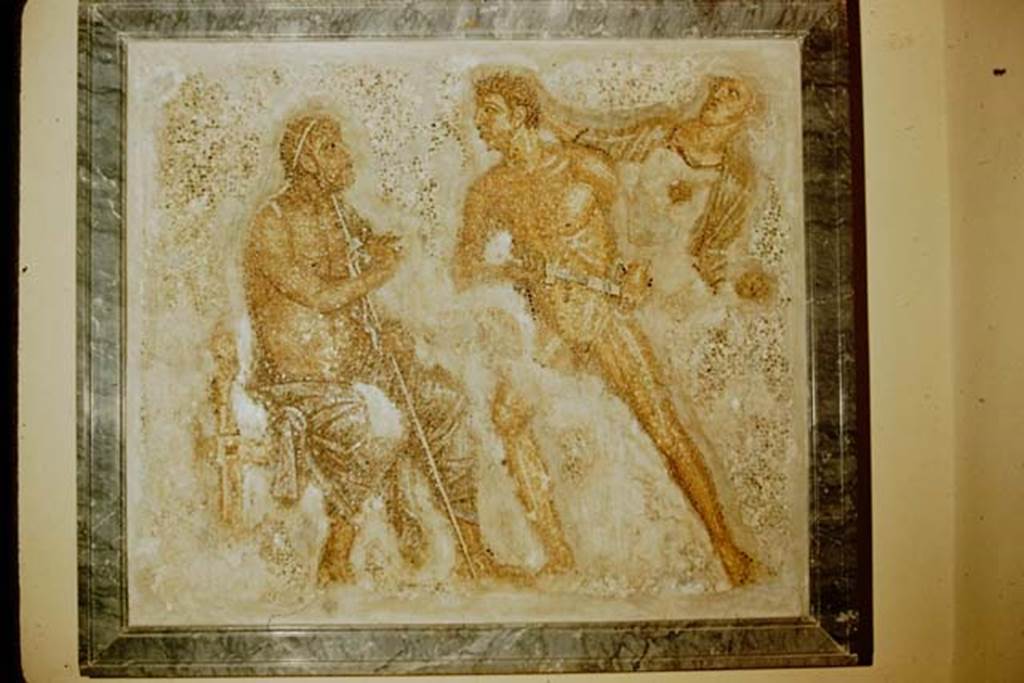 VI.7.23 Pompeii. May 2006. Mosaic of the Three Graces from the garden wall.
Now in Naples Archaeological Museum. Inventory number 10004.
