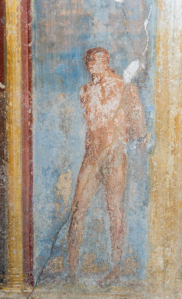 VI.7.23 Pompeii. December 2006. Cubiculum. West alcove, west wall.
According to Caso this is the seated figure of Aphrodite with a female figure leaning from a balcony to the right.
According to E. Winsor Leach, Aphrodite is the intended bride for Phaeton but in this scene is being rejected by him.
See Caso L., in Rivista di Studi Pompeiani III, 1989, p. 112.

